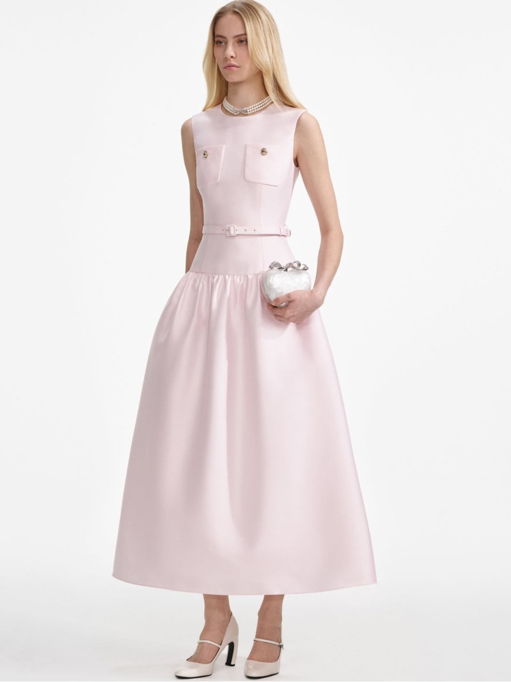 NWOT Self-Portrait Pale Pink Taffeta Belted Midi Dress - Picture 5 of 9